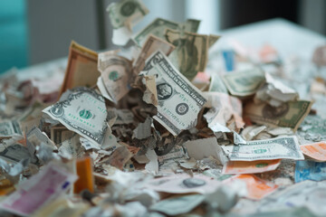 Crumbling economic model depicted with shredded currency and disarray in a financial setting