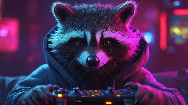 A raccoon in a hoodie immerses itself in an exhilarating gaming experience