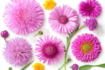Concept repeated: flat lay of spring and summer flowers in a daisy and dandelion pattern on a white background. Top view