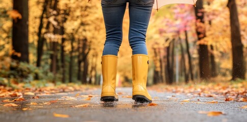 A child, clad in yellow rubber boots, springs over a puddle during the rain