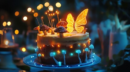 A fairy-themed birthday cake with tiny edible wings, mushrooms, and a glowing effect under fairy lights.
