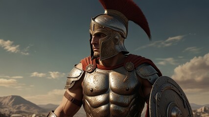 Illustration of spartan warrior in armor with shield and sword, antique Greek military, muscular ancient soldier, realistic ai generated art