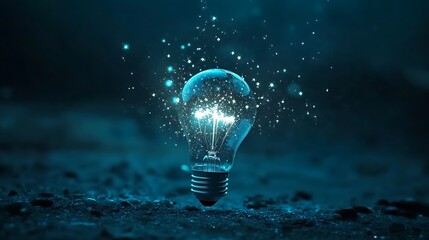 Bright glowing bulb releasing luminous particles in a mysterious dark ambiance