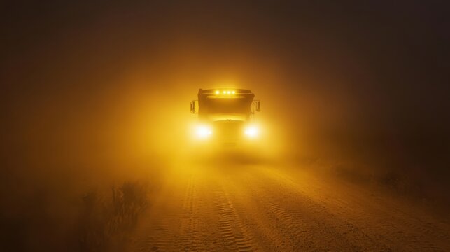 A large truck emerges from a thick fog on a dirt road with headlights shining brightly