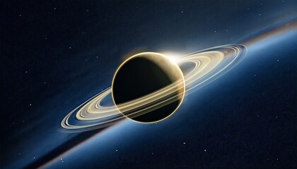 깊은 우주 속에서 빛나는 고리 형태의 행성, 행성 주위에 떠다니는 작은 별들이 강조된 장면