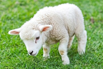 Obraz premium A heartwarming portrayal of a playful little lamb enjoying the greenery of a spring meadow