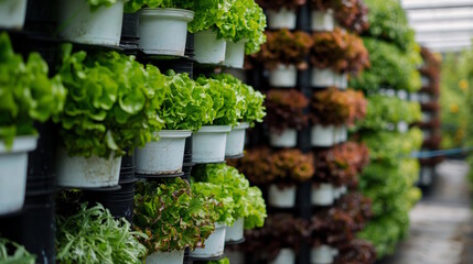 Vertical farm with stacked containers filled with various plants. Concept for vertical farming, urban agriculture, and sustainable food production