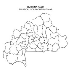 Detailed outline map of Burkina Faso highlighting its political divisions. The map presents the geographic layout without color, showcasing regions and borders clearly.
