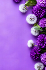 A vibrant arrangement of purple and white flowers against a soft purple background, creating a visually pleasing floral composition.