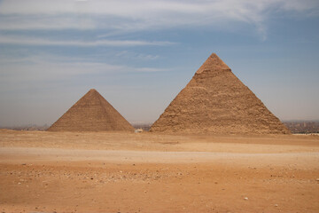 Beautiful panorama of Cheop's and Rachef's pyramids in the  Summer.