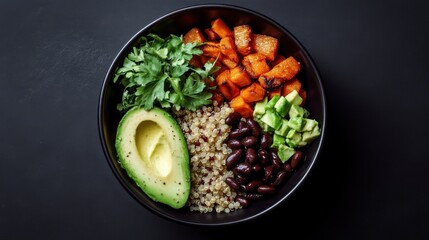 A vegan protein bowl, featuring quinoa, black beans