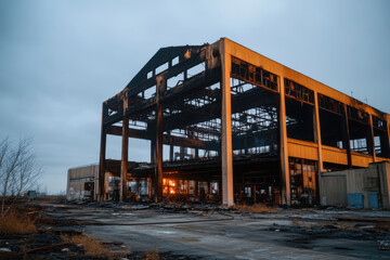 Obraz premium Burnt-out factory stands against a dark sky in an abandoned industrial landscape