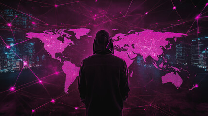 Obraz premium Hacker are planning to hack and attack networks and cyber security systems.team people innovation connection of line from nail node to node on map background , networking concept