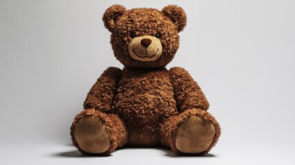 Obraz premium big curly brown teddy bear sits on a white isolated background, funny children's toy with a smile, set