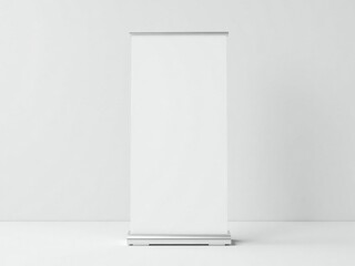 Blank roll-up banner mockup in a bright, minimalist interior with plants. Ideal for presentations or advertising.