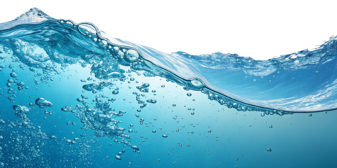 Water Ripples Abstract: A close-up shot of a wave crashing and creating ripples on the surface of clear blue water. Air bubbles rise from the depths, creating a visually captivating abstract pattern.