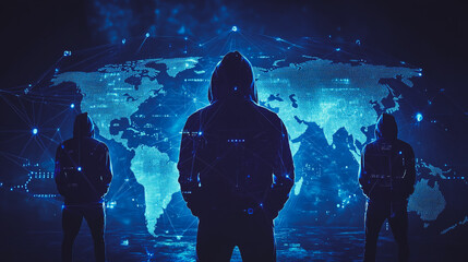 Obraz premium Hacker are planning to hack and attack networks and cyber security systems.team people innovation connection of line from nail node to node on map background , networking concept