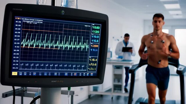Monitoring fitness progress: man running on treadmill with heart rate display