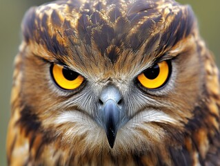 A brown owl with yellow eyes stares at the camera