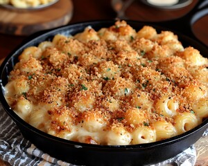 Gourmet mac and cheese with a crispy breadcrumb topping served in a cast iron skillet