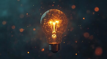 Bright light bulb glowing with radiant particles in a calm atmospheric background