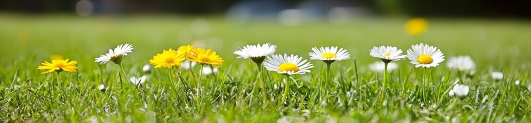 The scene is enchanting, with dawn illuminating a diverse array of yellow and white flowers&mdash;daisies, clovers, and dandelions&mdash;among the grass. Presented in an ultra-wide panoramic banner format, this