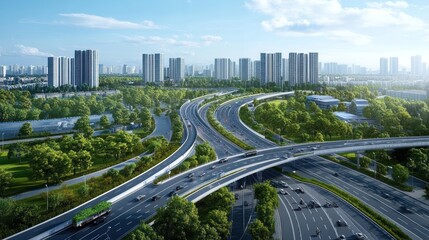 Modern Cityscape: An Aerial View of Green Urban Expressway