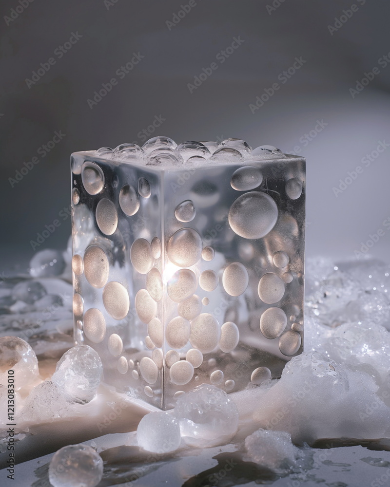 Poster ice cube with light bubbles frozen inside. synthet_004