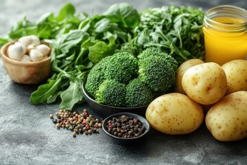 fresh broccoli potatoes and arugula artfully arranged against a light background highlighting their natural colors and textures promoting a healthy lifestyle through vibrant food presentation