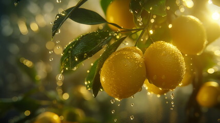 Lemon tree with water drops on the fruits. Dynamic_004