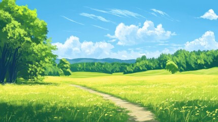 Sunny Summer Day Path Through Green Field