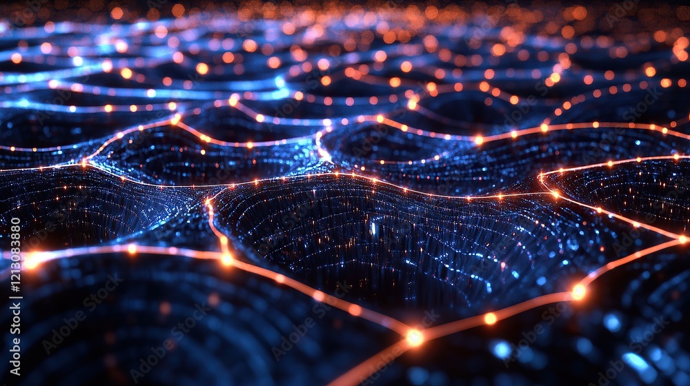 Poster an infinite network of luminous circuit pathways weaving through a quantum landscape of glowing pris