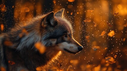 Fototapeta premium A dynamic wildlife photograph of a wolf , droplets of dew flying through the air, with focus on the wolf and blurred motion in the background, photorealistic.