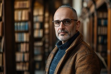 Fototapeta premium Portrait of mature university teacher standing in big library