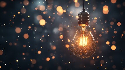 Light bulb shining with soft luminous particles in a peaceful shadowy ambiance