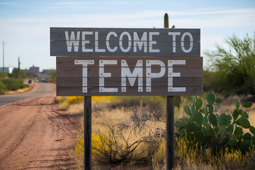 Welcome to Tempe Arizona Wooden Sign with Rustic Charm and Desert Landscape Background