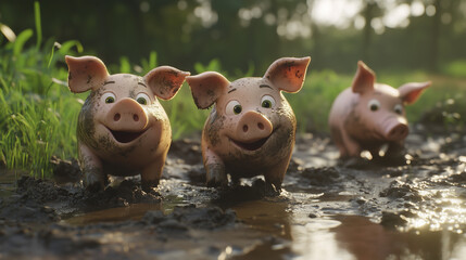 Three little pigs are walking in the mud. Cartoon, pig, dirt, forest glare, light, green, trees. A glare of green light from trees. A cartoon of a pig glares at the light of a lifestyle forest trees.