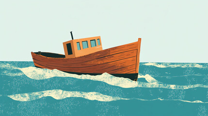 Old wooden boat in ocean. Little ship alone in sea. Textured water natural landscape. Vintage nature illustration with fishing boat. Freedom concept simple style