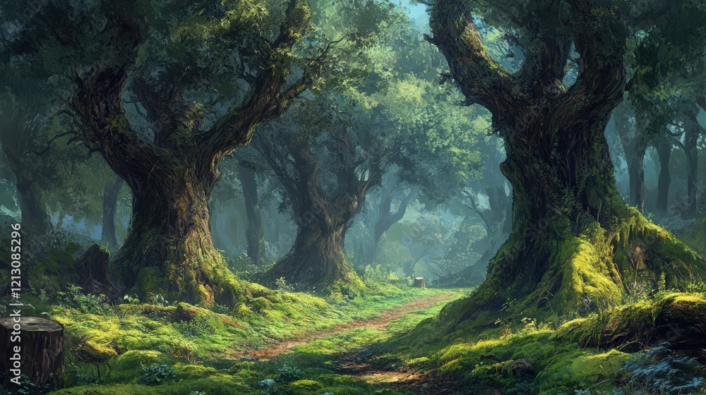 Poster a serene forest path illuminated by soft light winds through mossy ancient trees