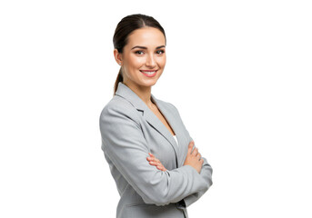 A professional woman in a light gray blazer, standing sideways and slightly turned to face the camera, arms crossed, smiling confidently isolated on transparent background