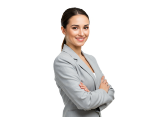 A professional woman in a light gray blazer, standing sideways and slightly turned to face the camera, arms crossed, smiling confidently isolated on transparent background