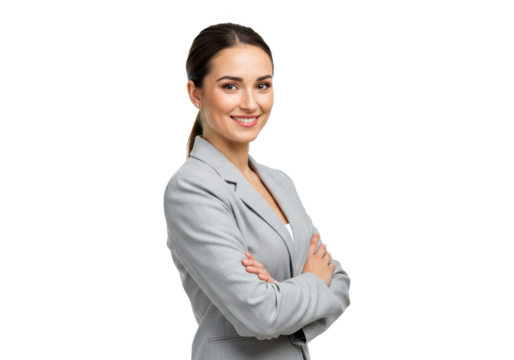 A professional woman in a light gray blazer, standing sideways and slightly turned to face the camera, arms crossed, smiling confidently isolated on transparent background