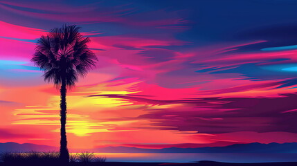 Obraz premium Palm tree with a curved trunk against a sunset bac_009