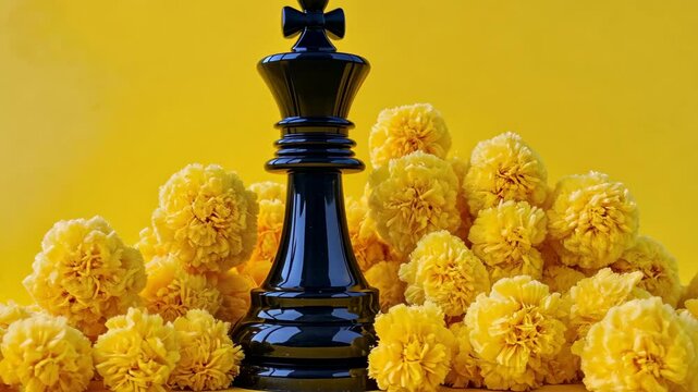Black chess king surrounded by vibrant yellow marigold flowers on a bright yellow background