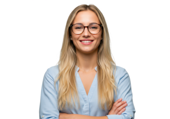 A smiling woman with long blonde hair, wearing glasses and a light blue shirt, arms crossed isolated on transparent background