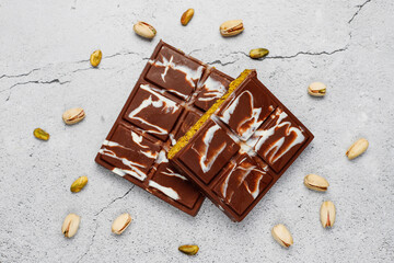 Dubai chocolate bar with pistachio paste and kadaif dough