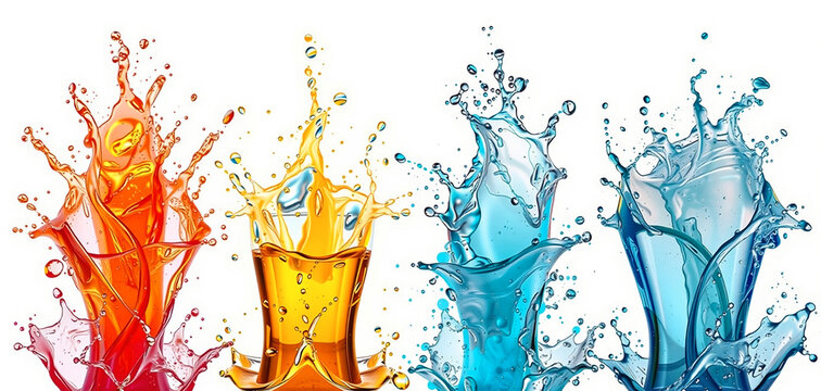Set of different color water explosions, isolated on a white background