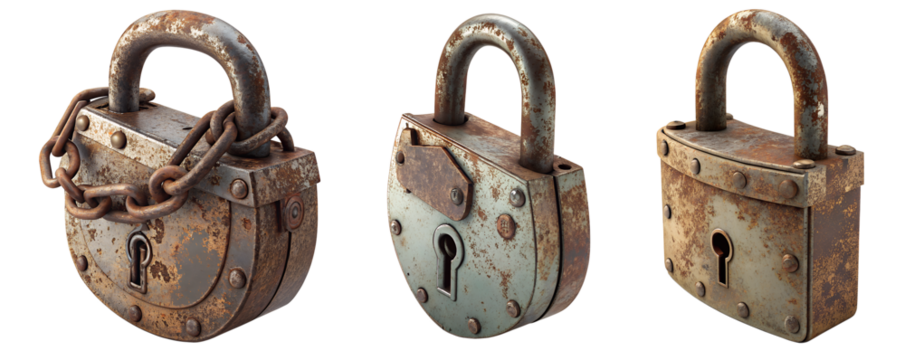 set of rusty padlock, soft focus isolated on the transparent background
