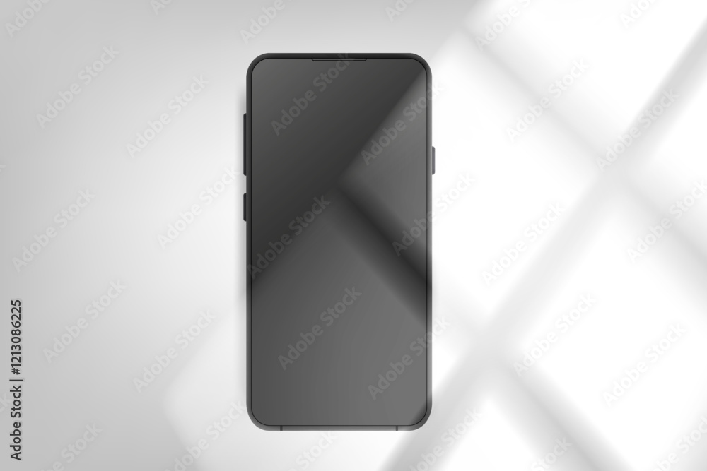 Poster Modern smartphone with black screen on bright background with window light. 3d vector mockup