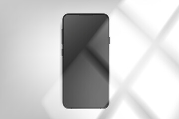 Modern smartphone with black screen on bright background with window light. 3d vector mockup